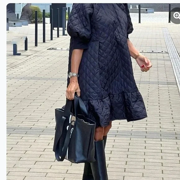 NWT STYLEWE Quilted Puffer Dress Black Puff Sleeve Ruffle Hem Mock Neck L - Picture 1 of 6